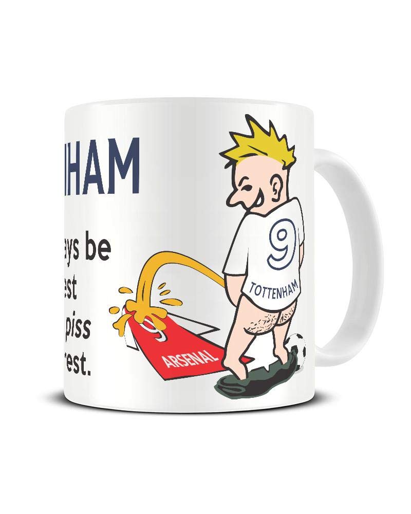 Wee On The Rival's Shirt mug – cartoon fan in a white No. 9 shirt weeing on a red rival shirt