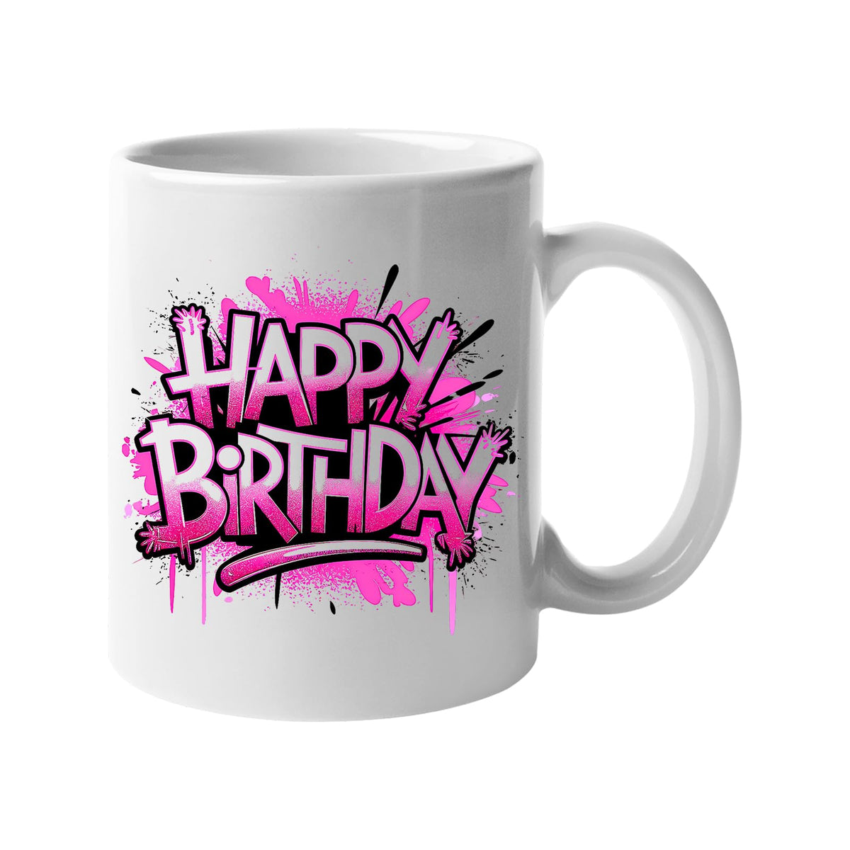 White 11oz mug with pink and purple graffiti “Happy Birthday” lettering