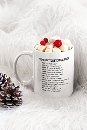 Livinges Senior Citizen Texting Code Mug Funny Senior Citizen Gifts Funny 65th Birthday