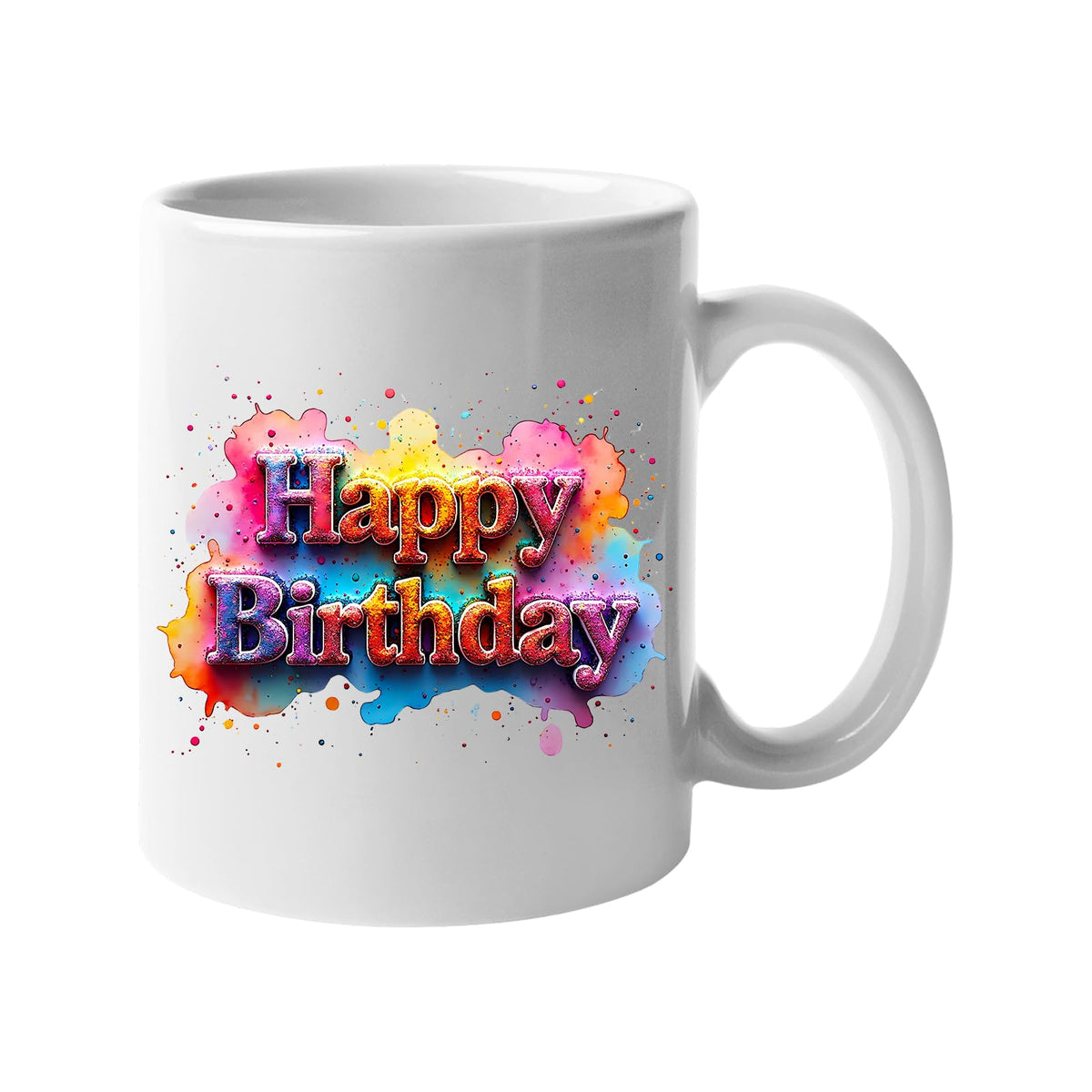 White 11oz mug with pastel graffiti-style “Happy Birthday” lettering