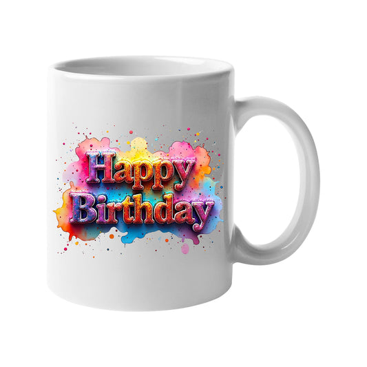 White 11oz mug with pastel graffiti-style “Happy Birthday” lettering