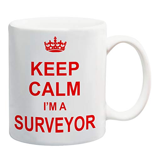 White mug with a red crown and “Keep Calm I'm A Surveyor” in red capitals