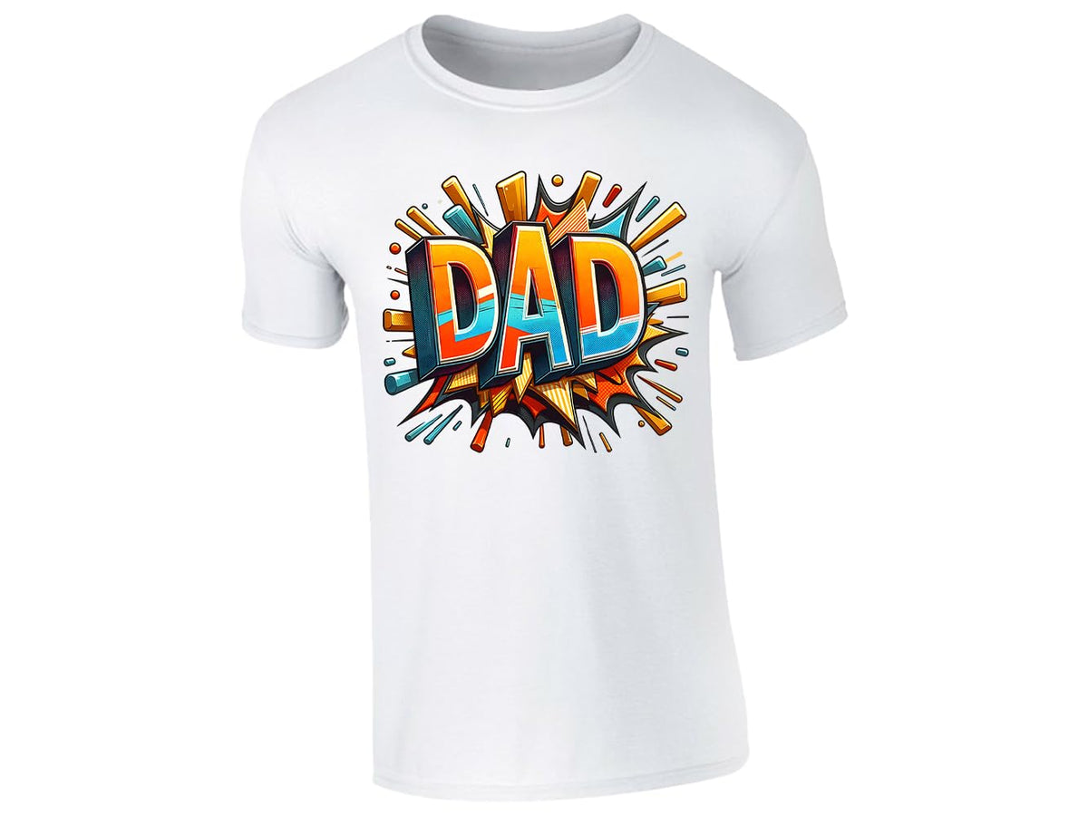 White men's T-shirt with bold comic-book “DAD” lettering with a colourful explosion