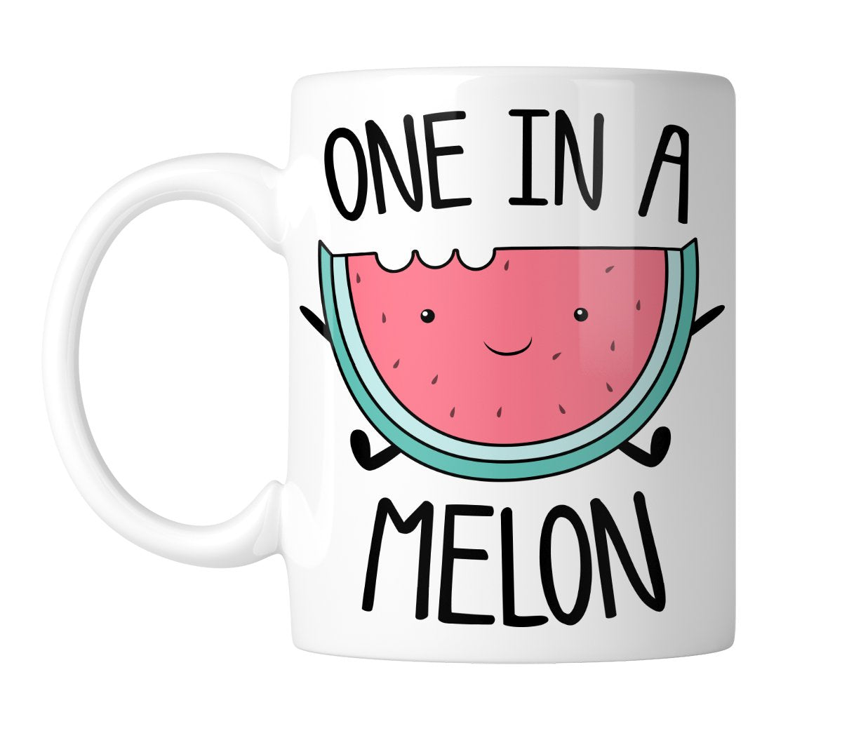 White mug with a smiling watermelon slice and “One in a Melon”, handle on the left