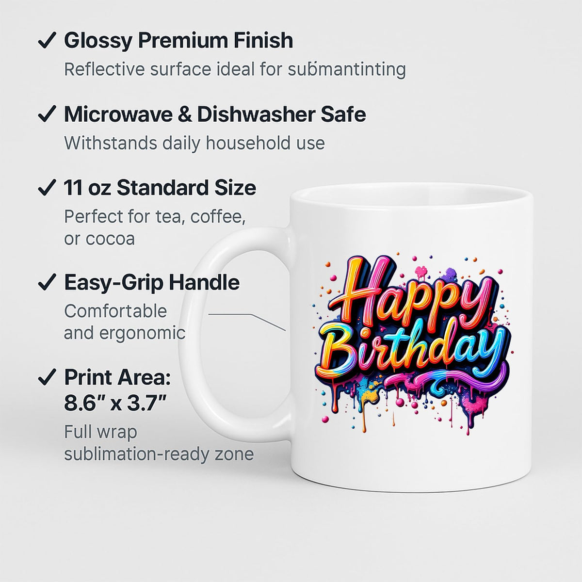 Happy Birthday mug with labels for 11oz size and easy-grip handle