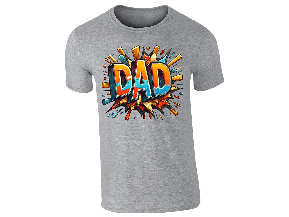 Heather grey men's T-shirt with bold comic-book “DAD” lettering with a colourful explosion