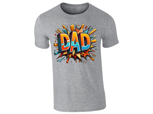 Heather grey men's T-shirt with bold comic-book “DAD” lettering with a colourful explosion