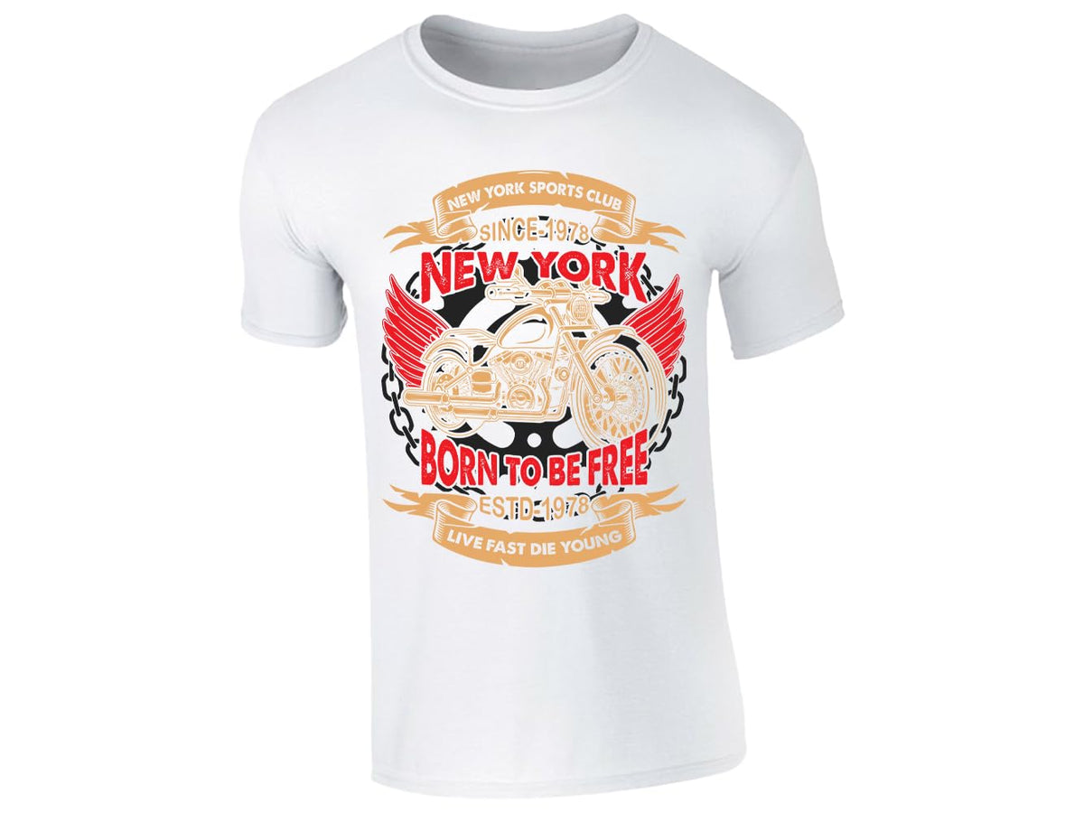 White men's T-shirt with a vintage-style classic biker motorcycle badge