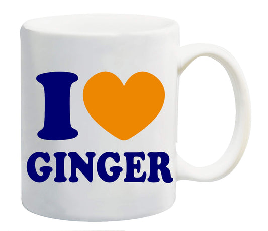 White mug printed “I ❤ GINGER” in navy with a orange heart