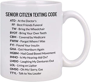Livinges Senior Citizen Texting Code Mug Funny Senior Citizen Gifts Funny 65th Birthday