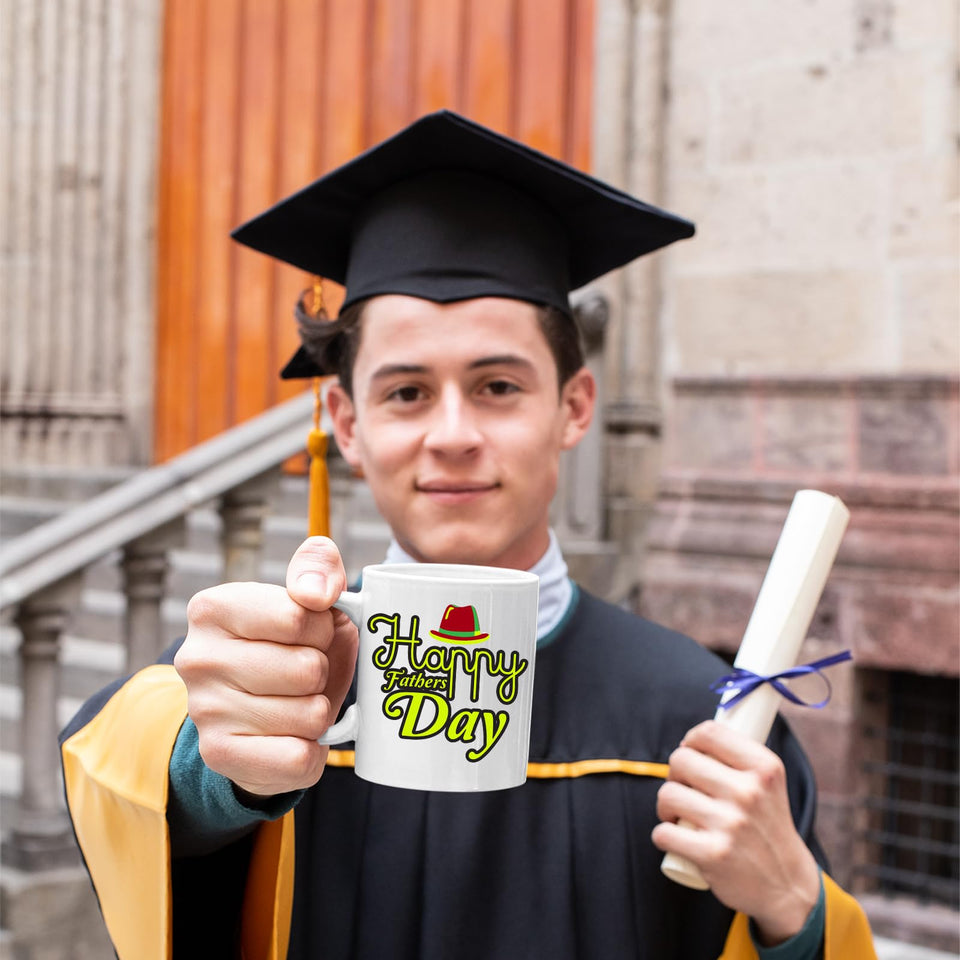 Happy Fathers Day Mug Red Hat Design Unique Ceramic Coffee Cup Gift for Dad Papa or Grandad Fun Present Idea