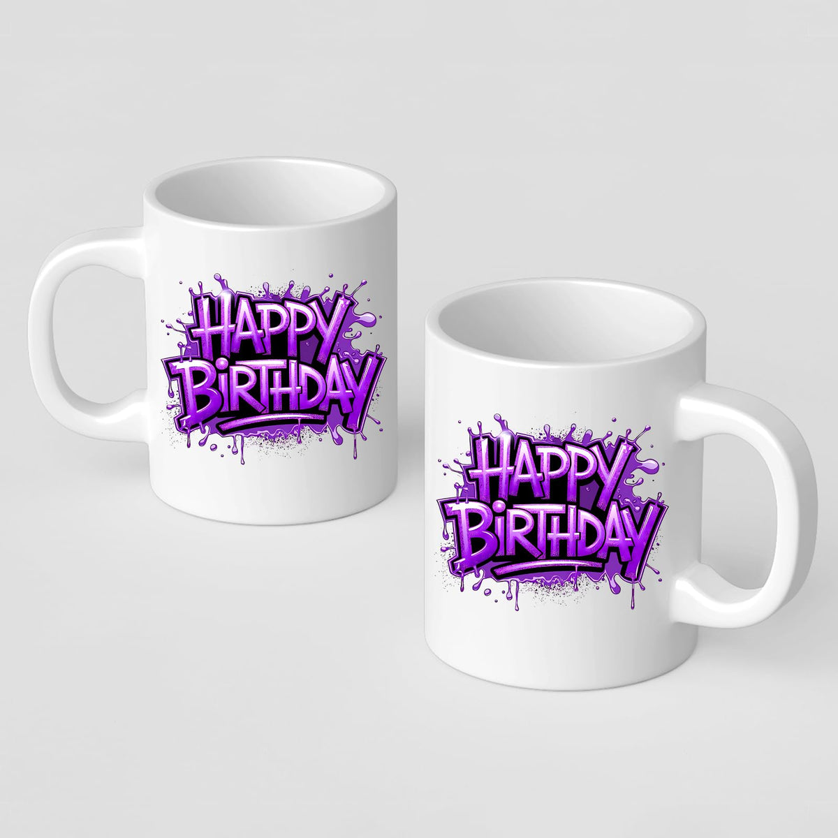 Two Happy Birthday mugs showing the print on both sides