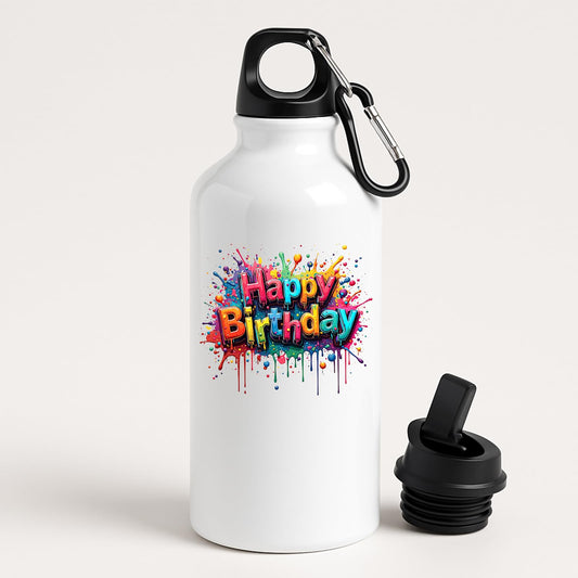White aluminium water bottle with a rainbow graffiti “Happy Birthday” design