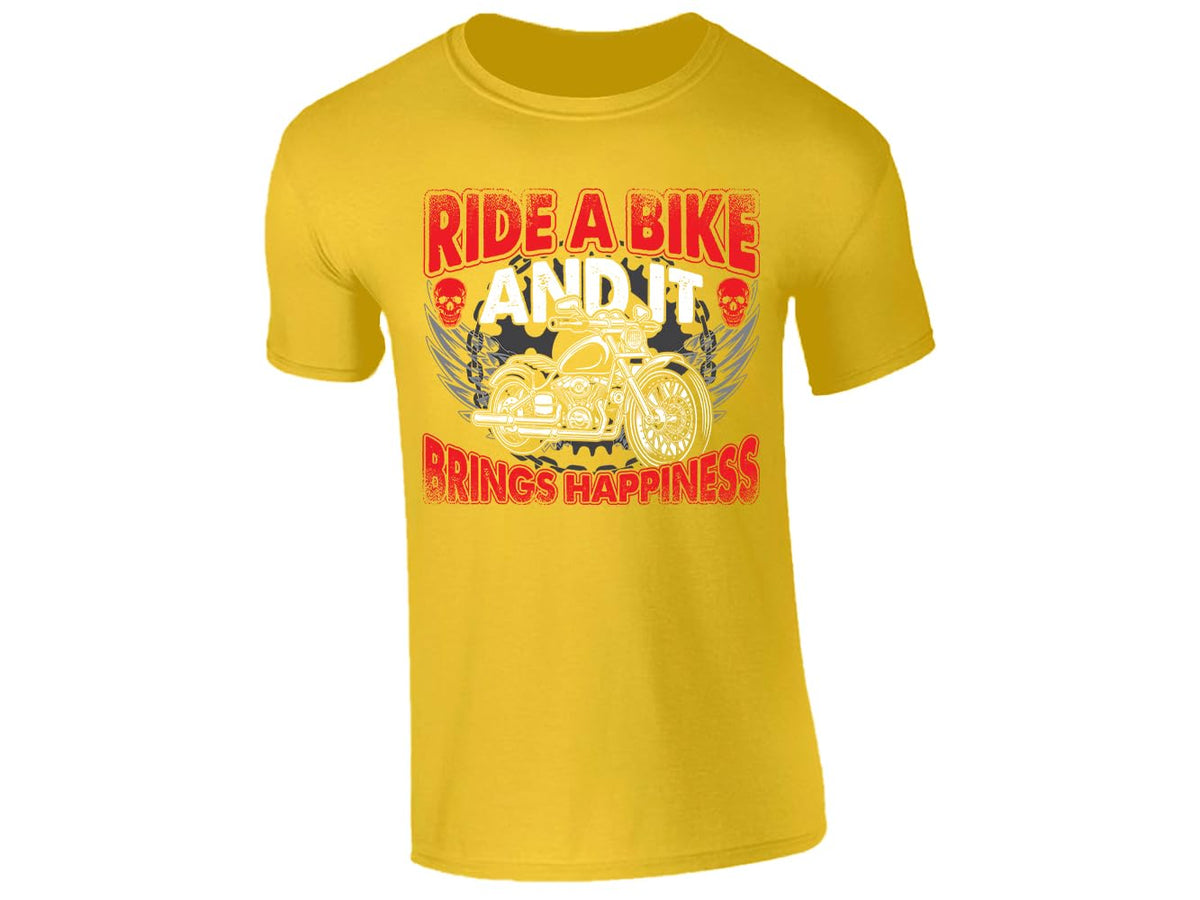 Yellow men's T-shirt with Ride a Bike and It Brings Happiness winged motorcycle skull design