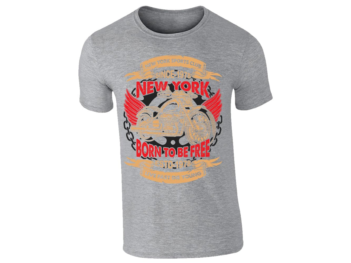 Heather grey men's T-shirt with a vintage-style classic biker motorcycle badge