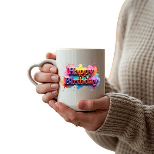 Heart-handle mug with pastel splash “Happy Birthday” lettering held against a dark background