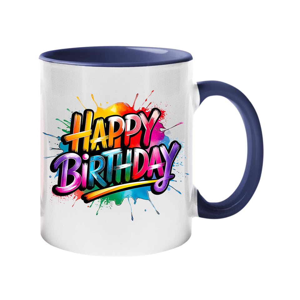 Colour handle mug with bold rainbow “Happy Birthday” lettering