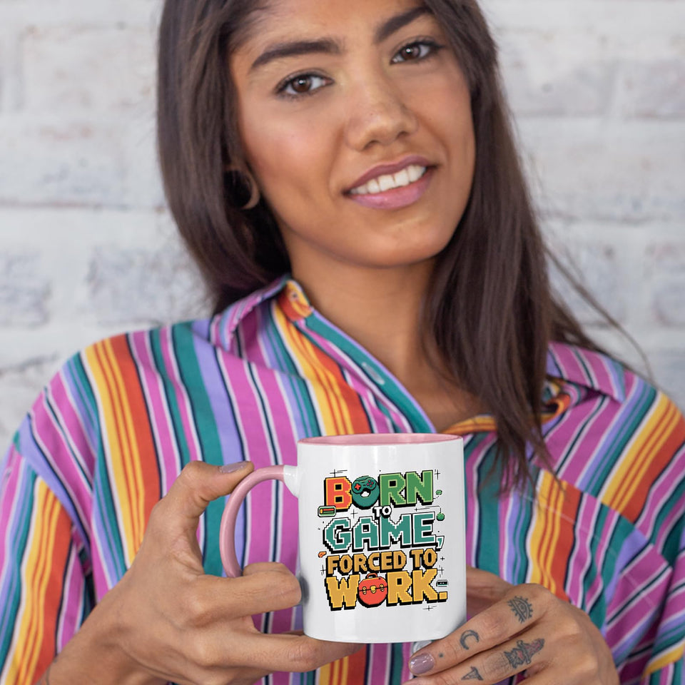 Woman in a striped shirt holding the colour handle mug