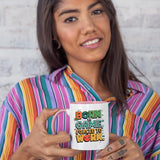 Woman in a striped shirt holding the colour handle mug