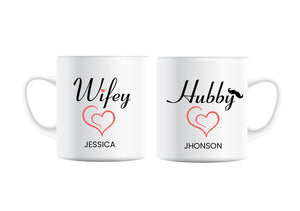 Husband Wife Wedding Mugs, Hubby & Wifey, Ceramic, Set of 2, Mr Mrs His Hers, Love Heart Joke