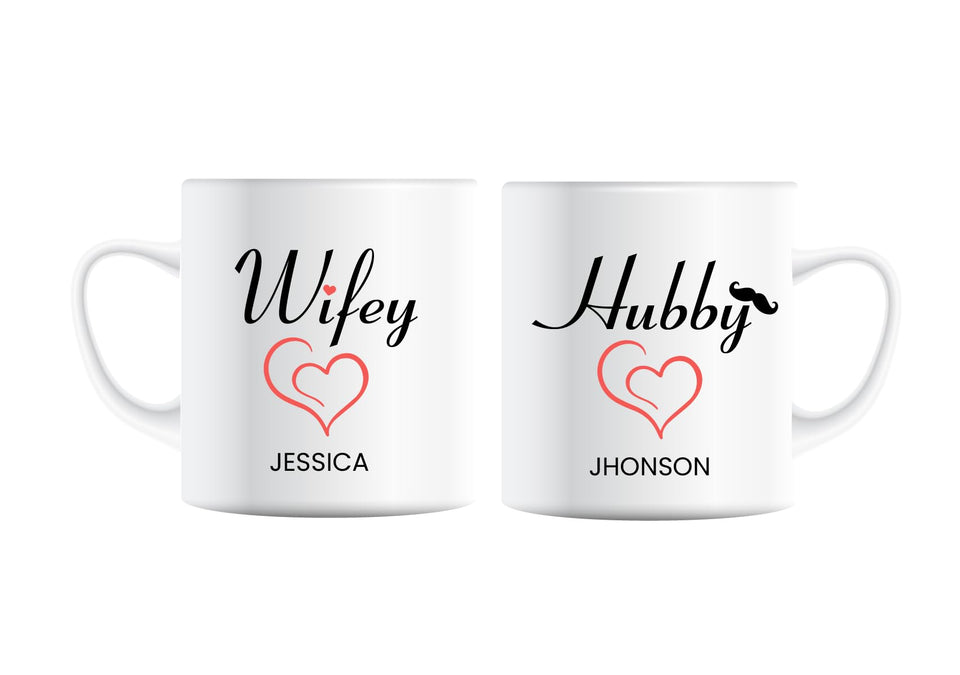 Husband Wife Wedding Mugs, Hubby & Wifey, Ceramic, Set of 2, Mr Mrs His Hers, Love Heart Joke