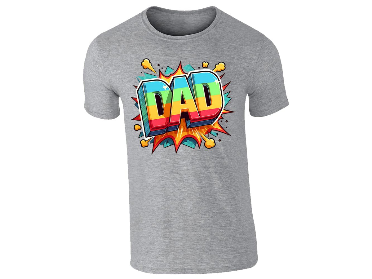 Heather grey men's T-shirt with colourful pop-art “DAD” lettering with a starburst