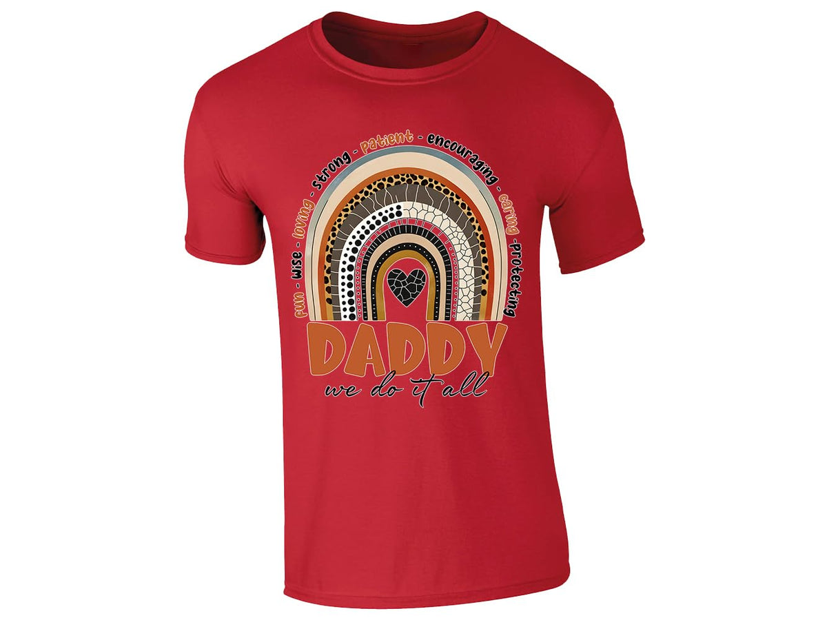 Red men's T-shirt with Daddy rainbow design – “we do it all”