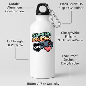 Gaming Mode ON Water Bottle Gamer Hydration Bottle with Controller & Heart Design Funny Reusable Gift for Him Her Retro Console Player Bottle for Geeks Nerds and Gamers