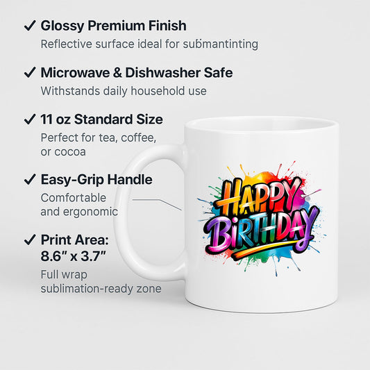 Happy Birthday mug with labels for 11oz size and easy-grip handle