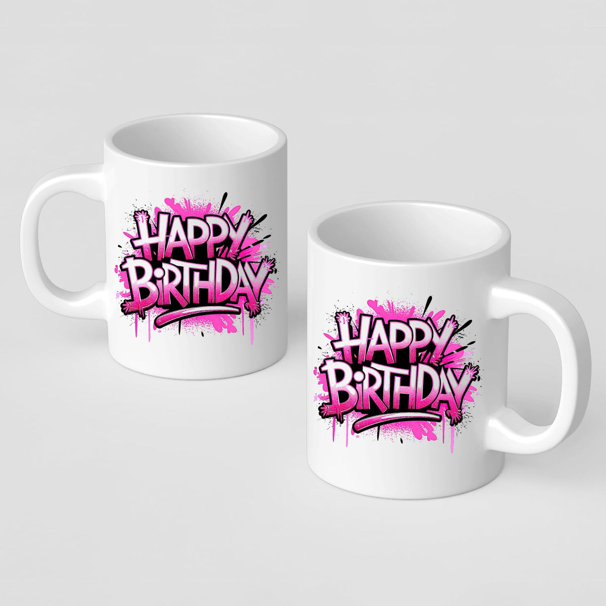 Two Happy Birthday mugs showing the print on both sides