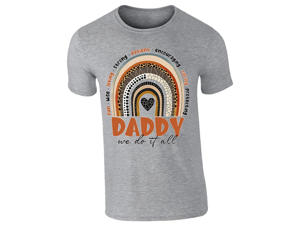 Heather Grey men's T-shirt with Daddy rainbow design – “we do it all”