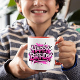Smiling child holding the colour handle mug