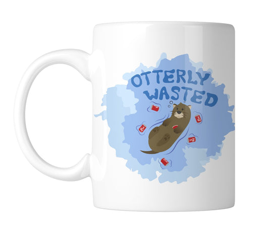White mug with a dozy otter on a blue watercolour splash and “Otterly Wasted”, handle on the left