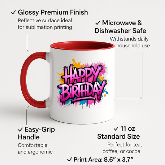 Colour handle mug with labels for 11oz size and easy-grip handle