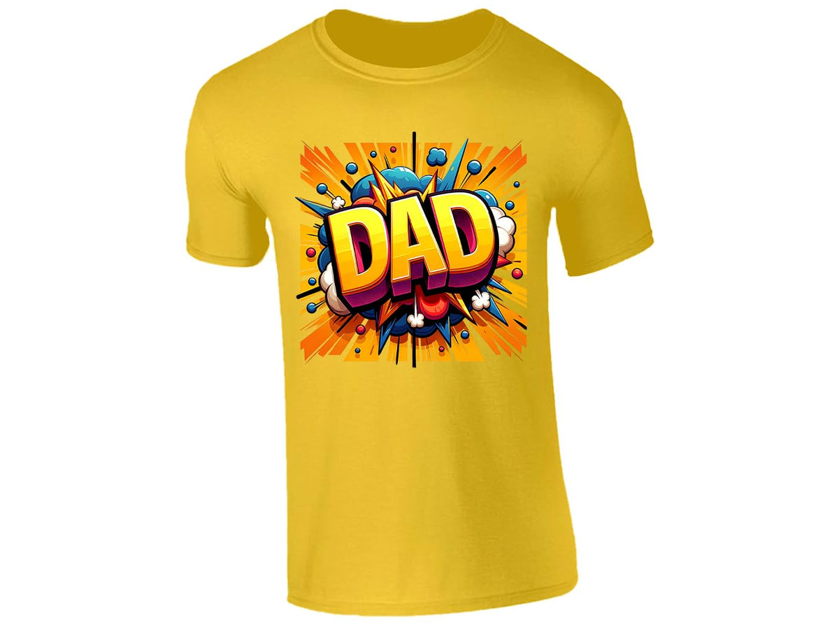 Yellow men's T-shirt with “DAD” in bold yellow letters with a rainbow comic burst