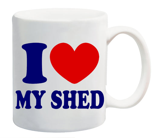 White mug printed “I ❤ MY SHED” in navy with a red heart