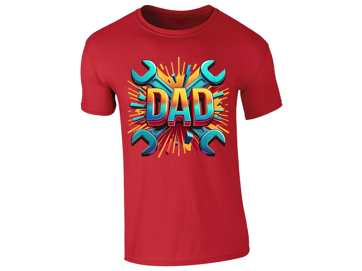 Red men's T-shirt with bold “DAD” lettering with crossed spanners and a colourful burst