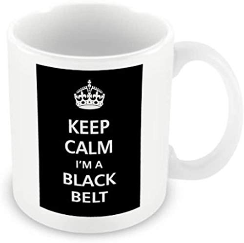 White mug printed with a crown and “Keep Calm I'm a Black Belt” in white on black
