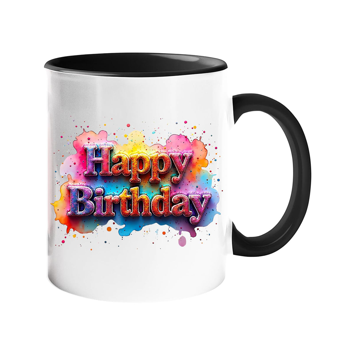 Colour handle mug with pastel graffiti “Happy Birthday” lettering