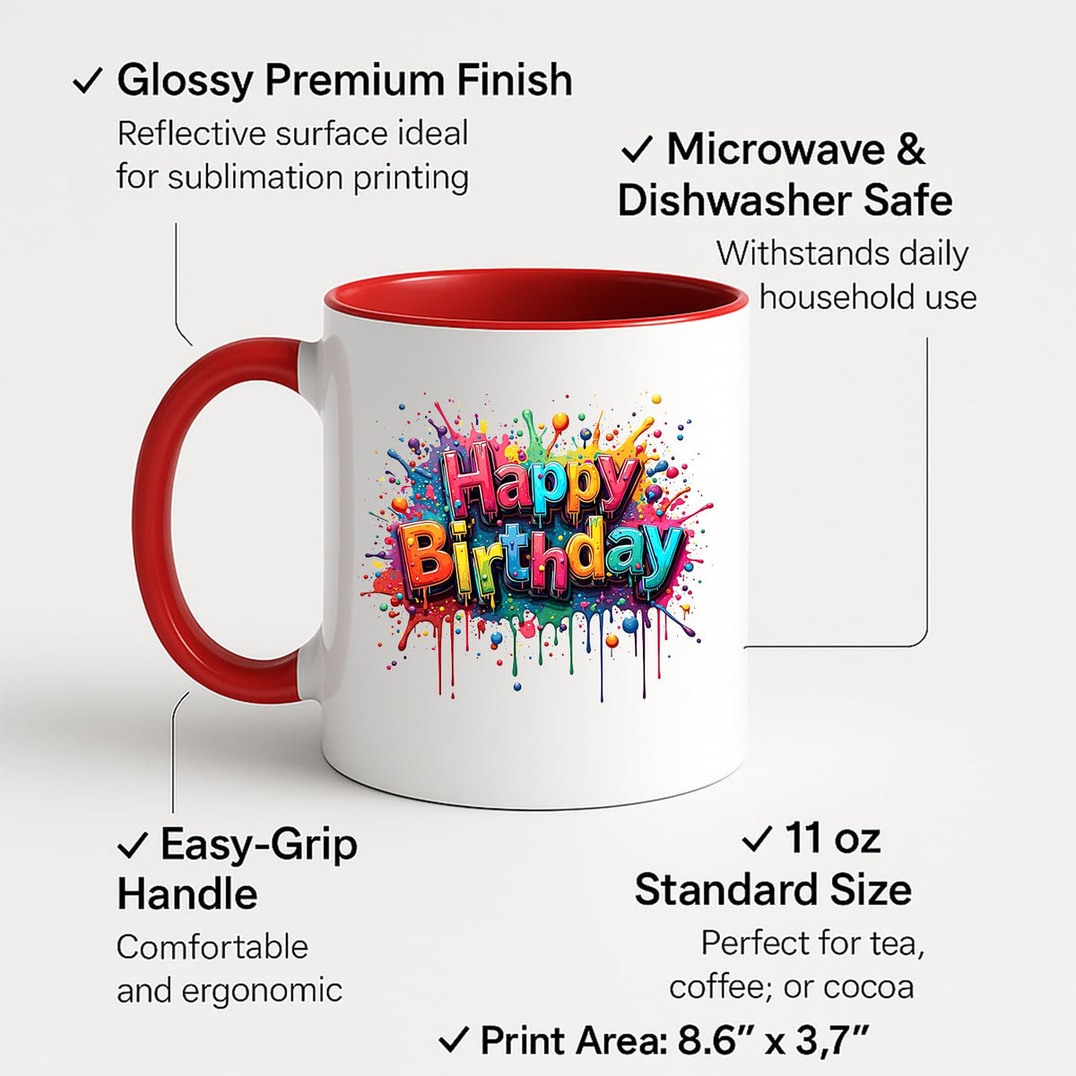 Colour handle mug with labels for 11oz size and easy-grip handle