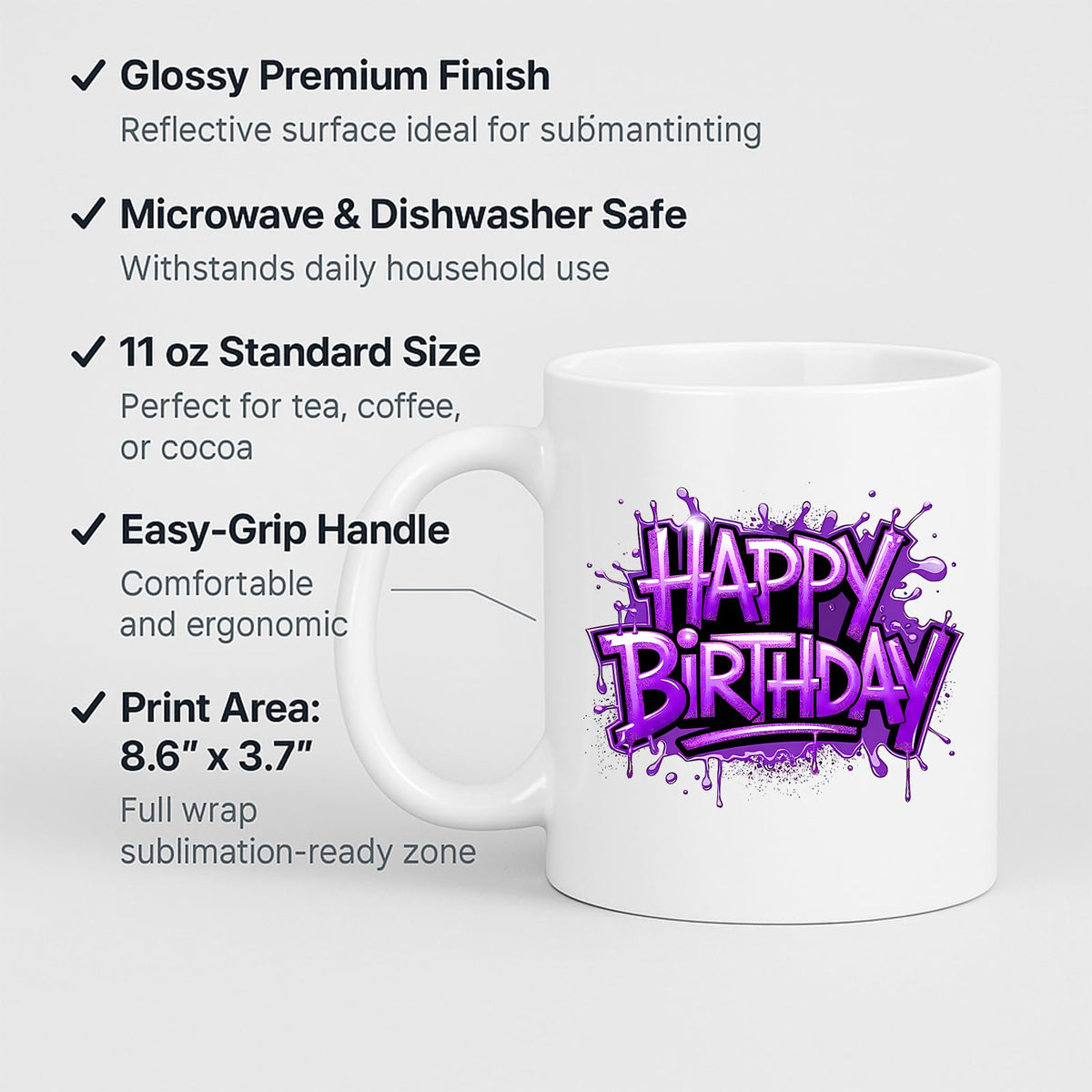 Happy Birthday mug with labels for 11oz size and easy-grip handle