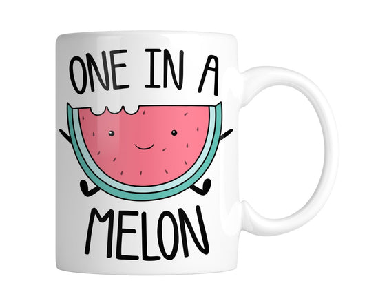 White mug with a smiling watermelon slice and “One in a Melon”, handle on the right