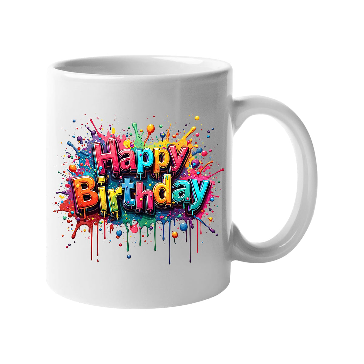 White 11oz mug with rainbow graffiti “Happy Birthday” lettering with paint splashes