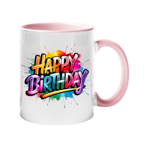 Colour handle mug with bold rainbow “Happy Birthday” lettering – light pink handle and inside