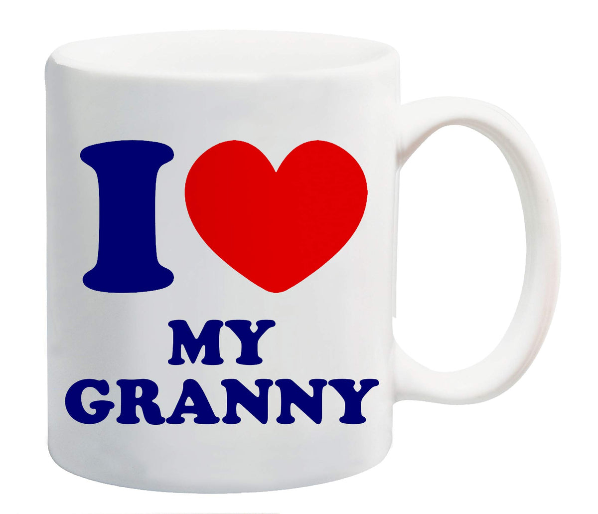 White mug printed “I ❤ MY GRANNY” in navy with a red heart