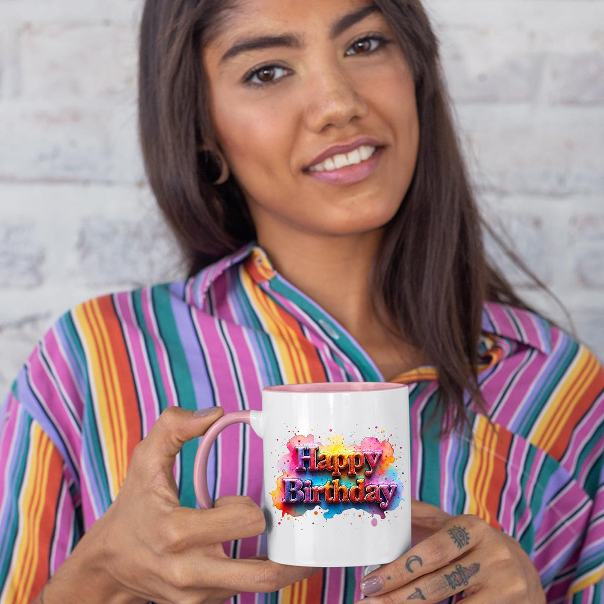 Woman in a striped shirt holding the colour handle mug