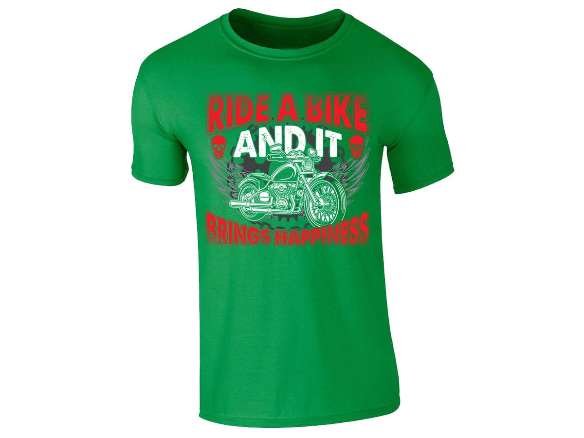 Green men's T-shirt with Ride a Bike and It Brings Happiness winged motorcycle skull design