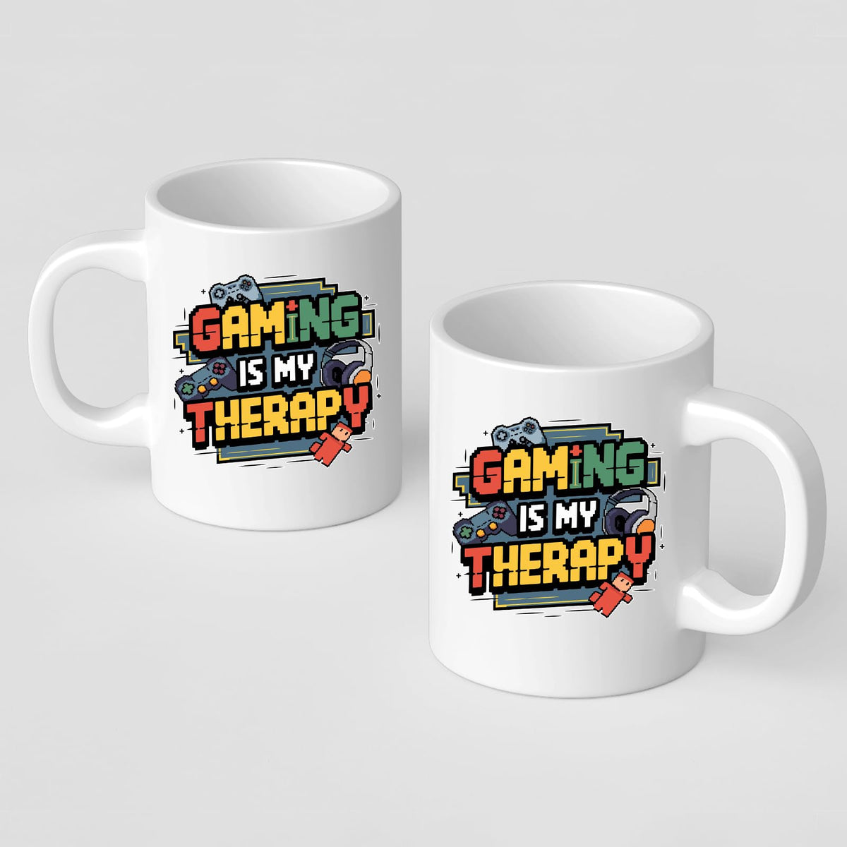 Two Gaming Is My Therapy mugs showing the print on both sides