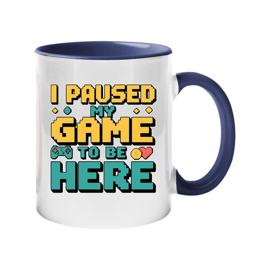 Colour handle mug with retro “I Paused My Game to Be Here” lettering – dark blue handle and inside