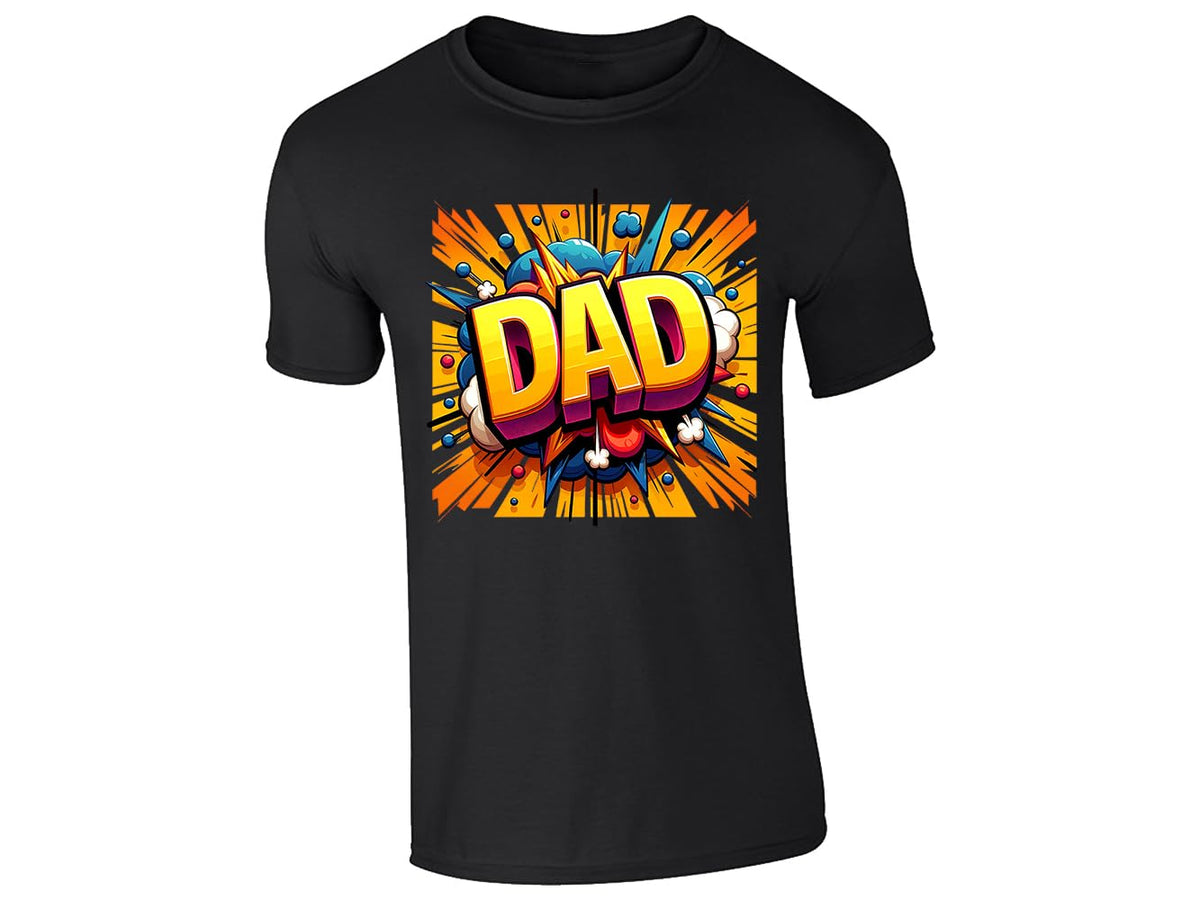 Black men's T-shirt with “DAD” in bold yellow letters with a rainbow comic burst